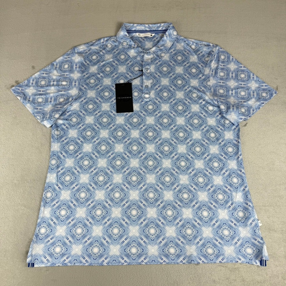 7 Diamonds Polaris 4-Way Stretch Polo Mens XL Blue Geometric 7D Golf $79 New NWT